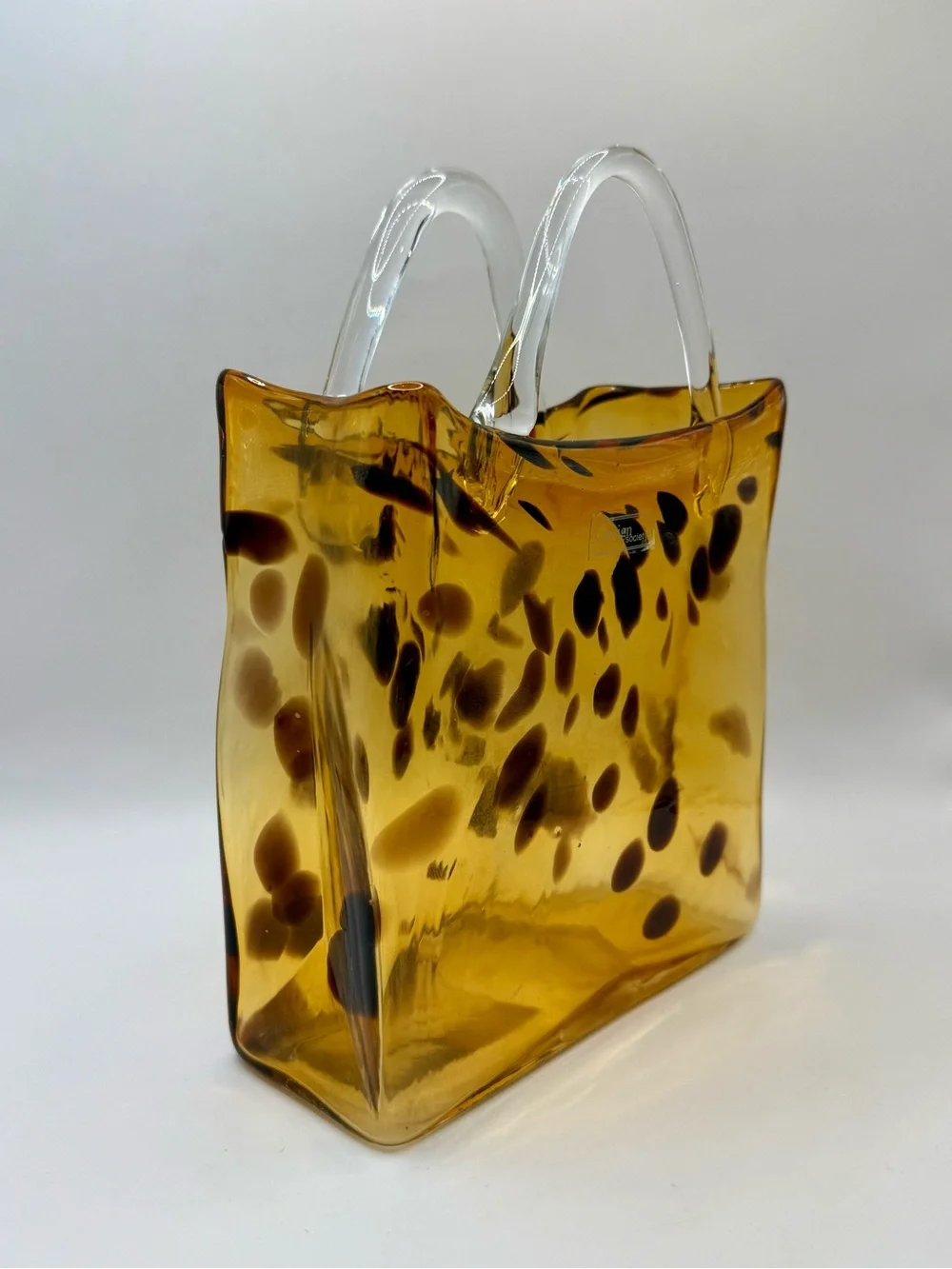 Design Society Amber Tortoiseshell Art Glass Purse Vase Handbag Sculpture 8.5”